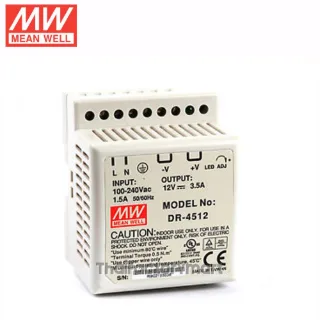 Mean Well DR-45-12, AC-DC Industrial DIN rail power supply; Output 12Vdc at 3.5A; plastic case