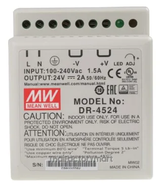 Mean Well DR-4524, 45W Din Rail Single O/P 24V 2A