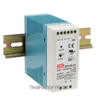 Mean Well DRA-60-24, 1 Output DIN Rail Power Supply, 87%, 24V, 2.5A, 60W, Adjustable