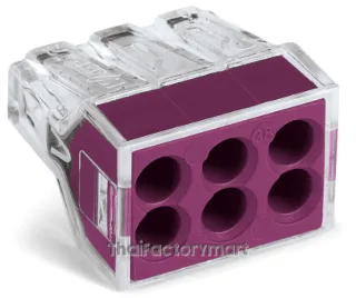 PUSH WIRE® connector for junction boxes; for solid and stranded conductors; max. 2.5 mm²; 6-conductor; transparent housing; violet cover; Surrounding air temperature: max 60°C; 2,50 mm²; multicoloured