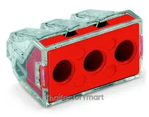 PUSH WIRE® connector for junction boxes; for solid and stranded conductors; max. 6 mm²; 3-conductor; transparent housing; red cover; Surrounding air temperature: max 60°C; 6,00 mm²; multicoloured
